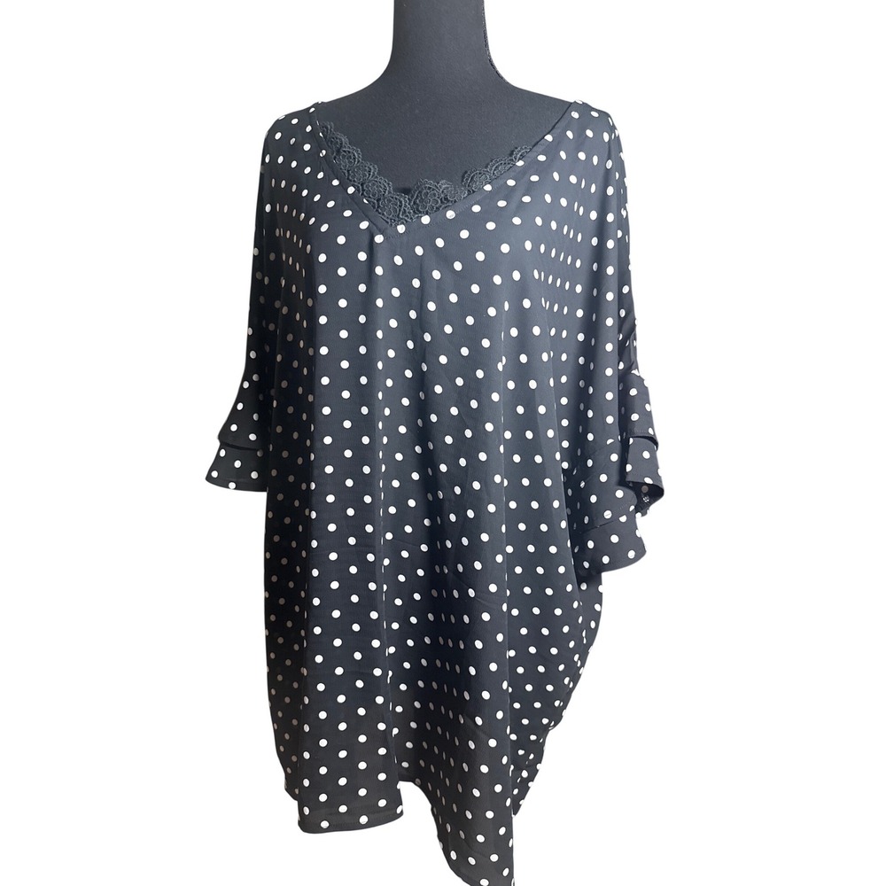 Suzanne Betro Womens 3X Polka Dot Crochet Accent Ruffle Sleeve Tunic NEW